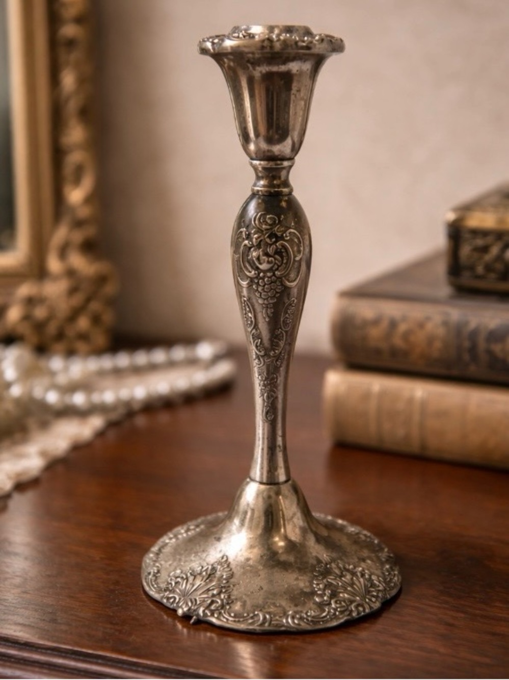 VTG Godinger 8.5" Cast Metal Silverplated Ornate Candlestick Holder Grape Motif